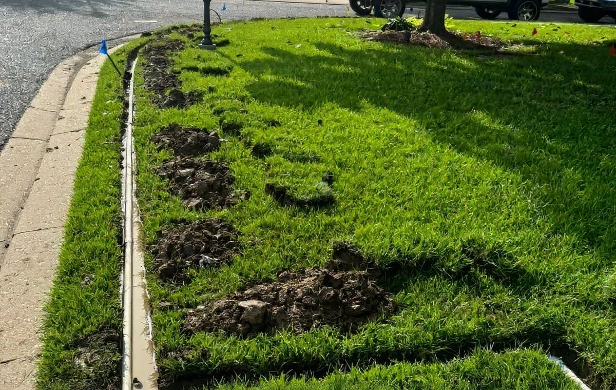 A sprinkler line trenched along the curb of a Baton Rouge front lawn, with the sod set aside to go back over it